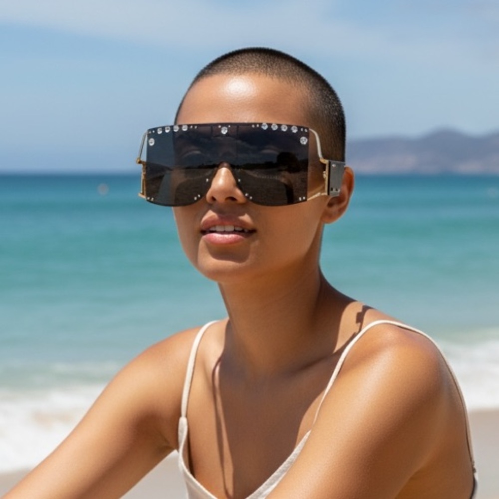 Guvivi Women's Unique Gold & Black Oversized Studded Shield Sunglasses
